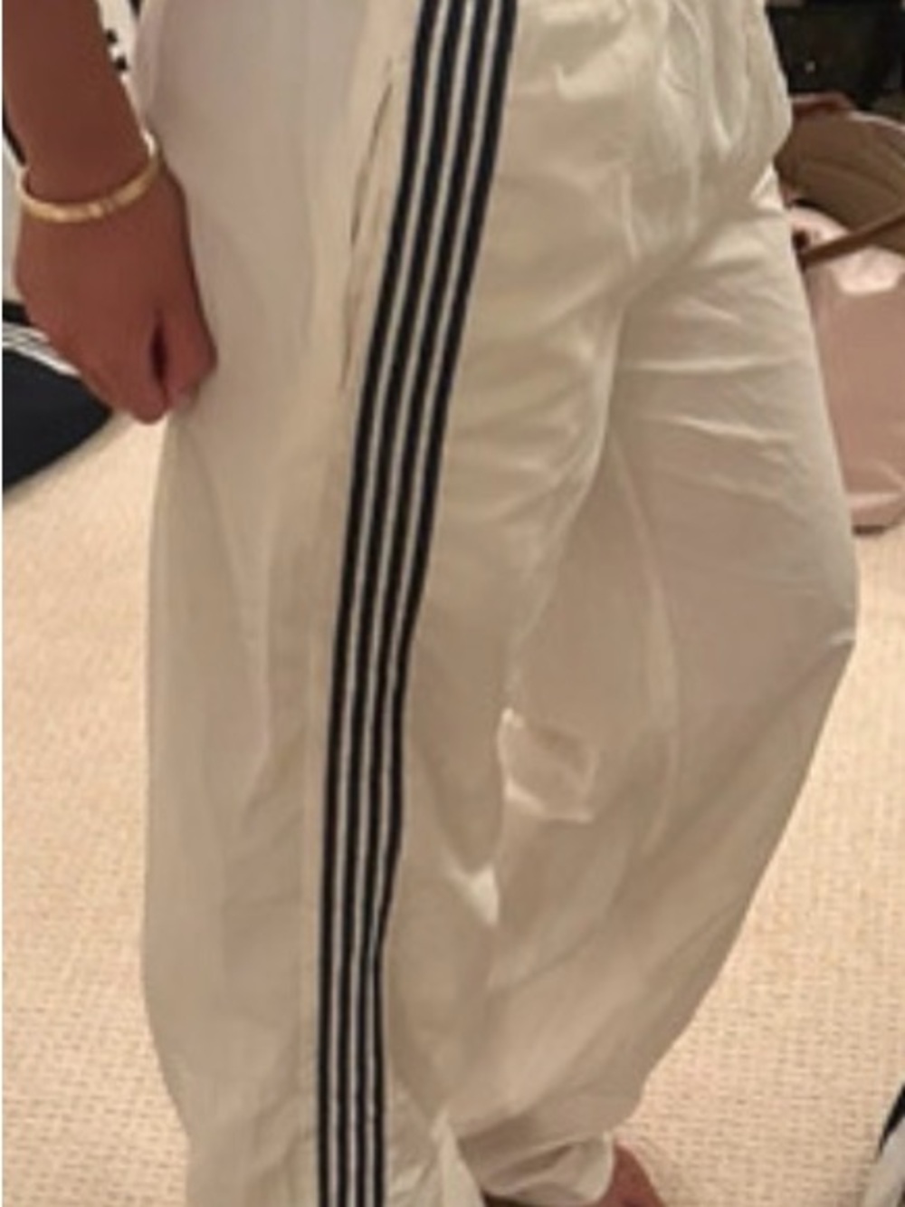 Edikted White Track Pants with Navy Triple Side Stripes